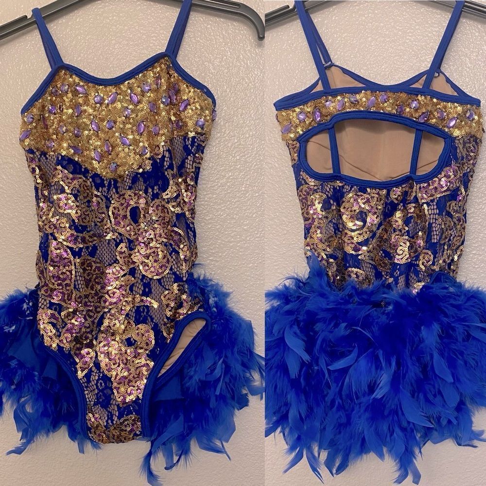 Glamour dance costume solo gold sequin blue feather sassy salsa jazz MC child